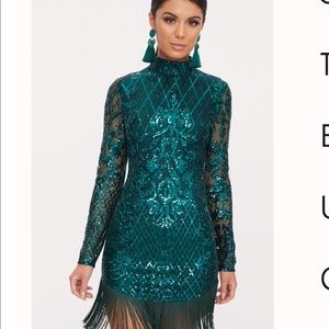 Emerald sequins long sleeve tassel hem